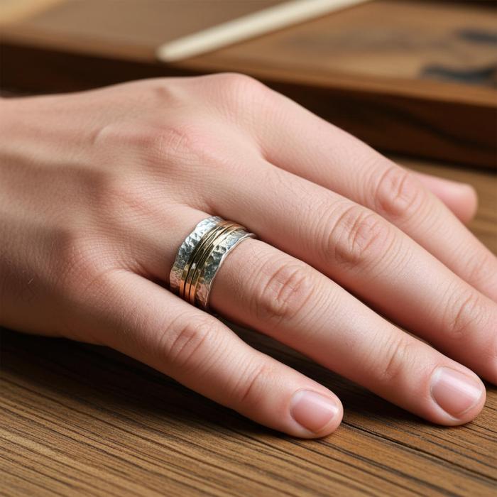 Preview: Drehring bicolor Silber Gold gehämmert