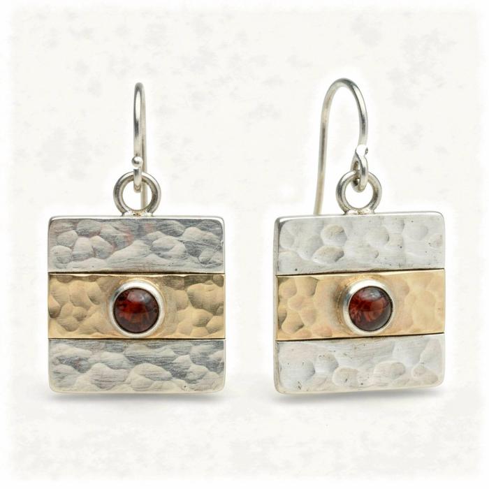 Silber Ohrringe mit Bernstein und 333 Gold im Hammerschlag Design