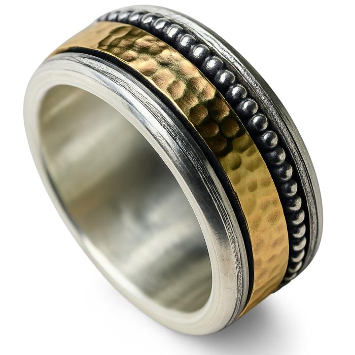 Breiter Damen Statement Partnerring aus Silber und Gold mit gehämmertem Mittelband und Perlrand“