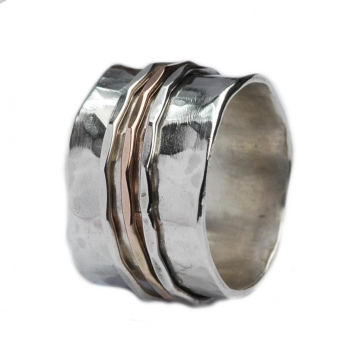 Breiter Silberring mit drehbaren Ringen aus Rosé-Gold und Silber
