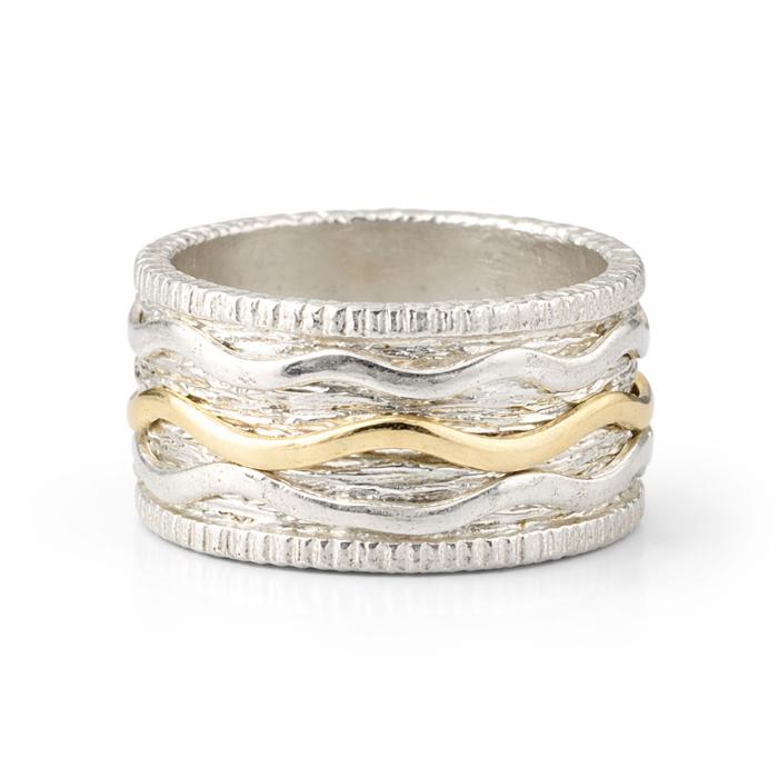 Preview: Strukturierter Bicolor Ring Silber Gold mit geschwungenen Schienen