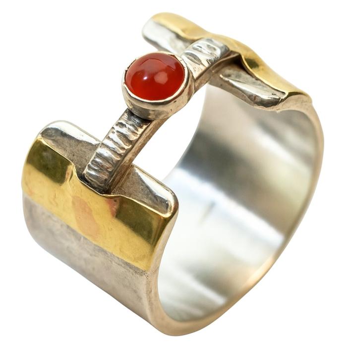 Offener Ring aus Silber mit 333er Gold und gefasstem Karneol – ca. 13 mm breit