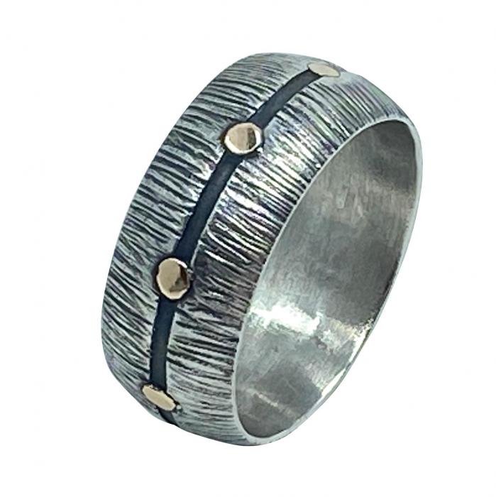 Geriffelter Bicolor Ring aus 925er Silber und 375er Gold