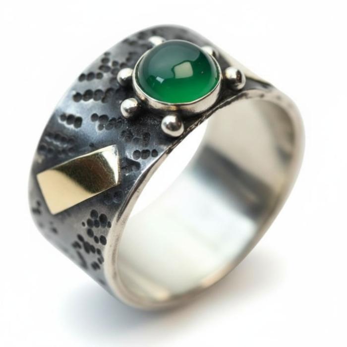 Silberring mit gehämmerter Struktur, grünem Cabochon und 333er Goldeinlagen – kontraststarker Schmuck für Damen