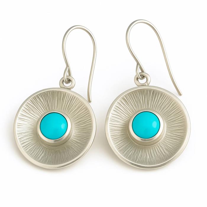 Silber Ohrringe mit rundem Türkisstein in strukturierter Silberschale
