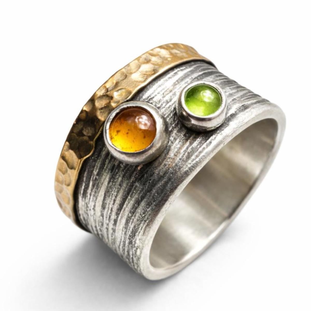 Damenring Bicolor 925 Silber 333 Gold mit Zitrin und Peridot handgemacht
