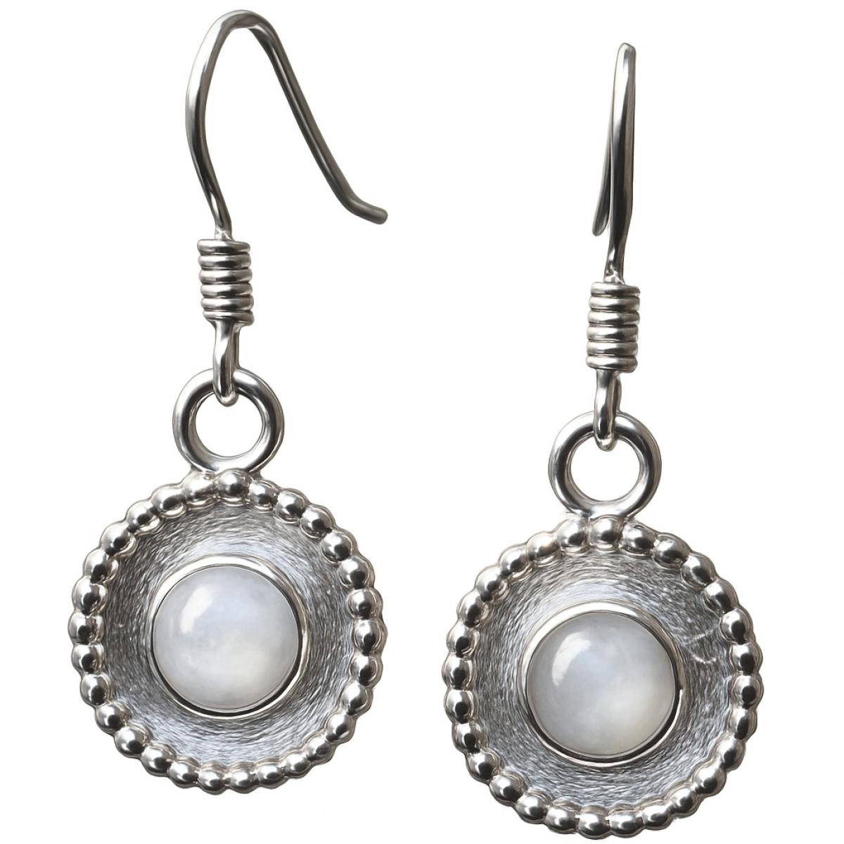 Damen Ohrringe aus Silber mit rundem, schimmerndem Mondstein im Boho-Stil, handgefertigt
